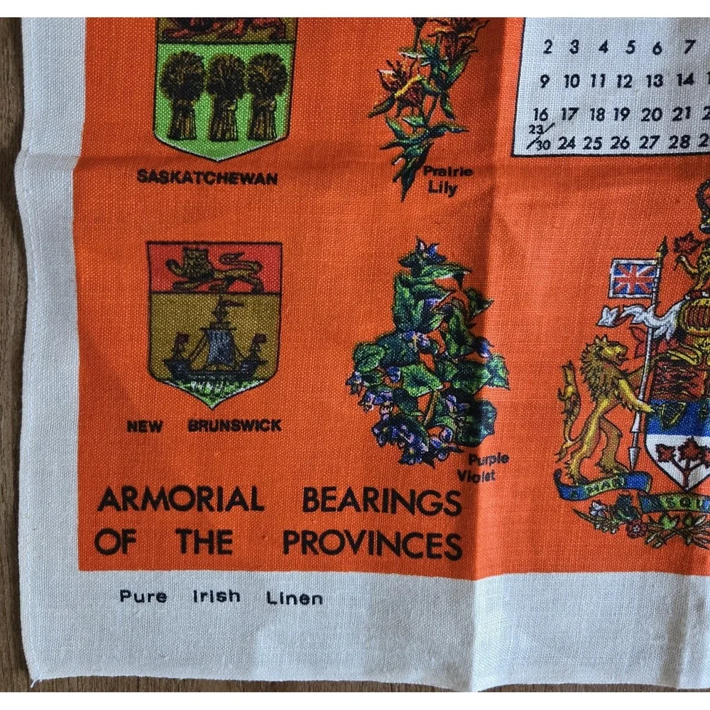 1975 Canada Calendar Tea Towel Linen Lamont N. Ireland‎ Provincial Crests NOS